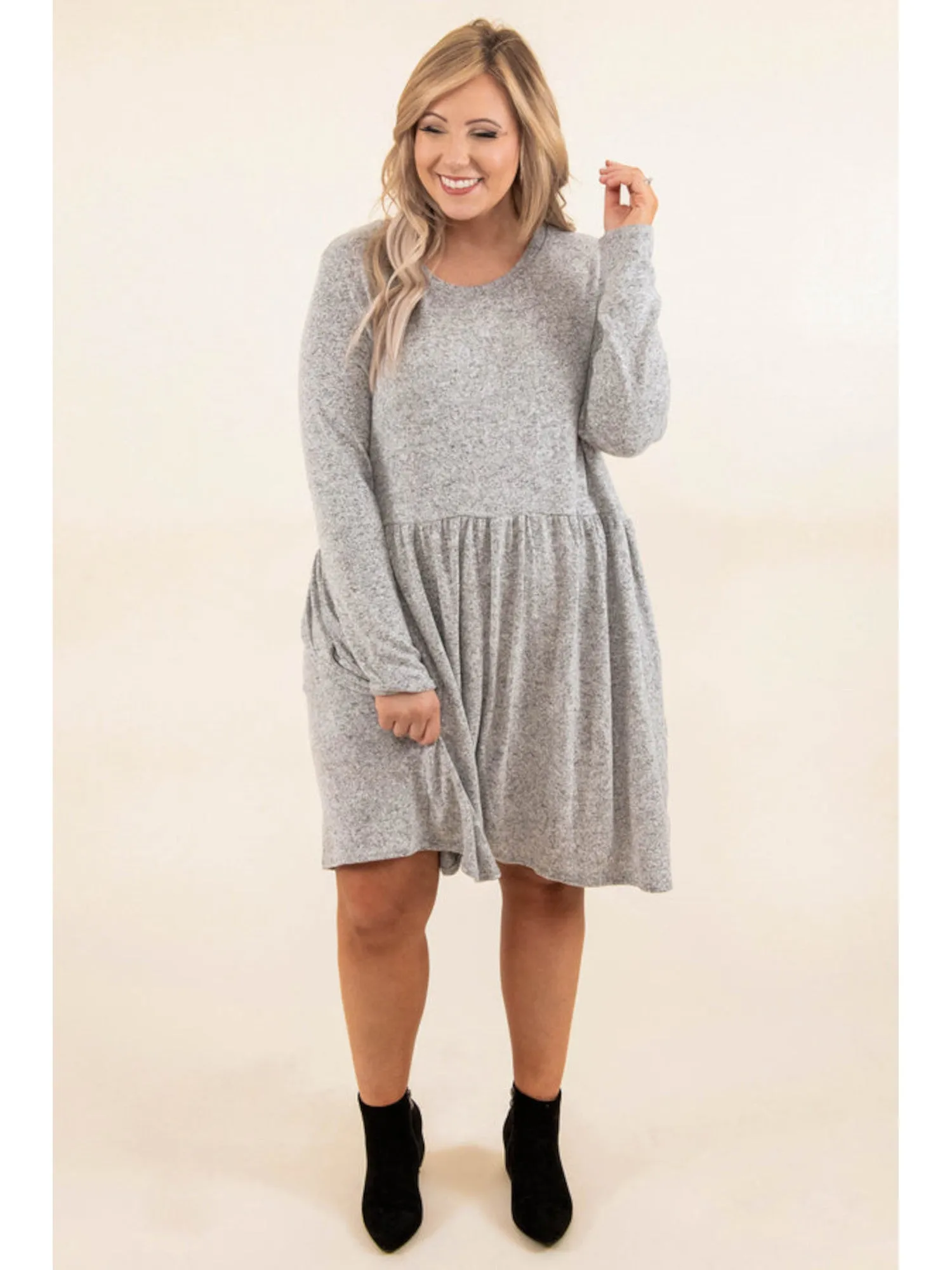 BEBOP Womens Gray Stretch Ribbed Pleated Pullover Long Sleeve Scoop Neck Short Baby Doll Dress