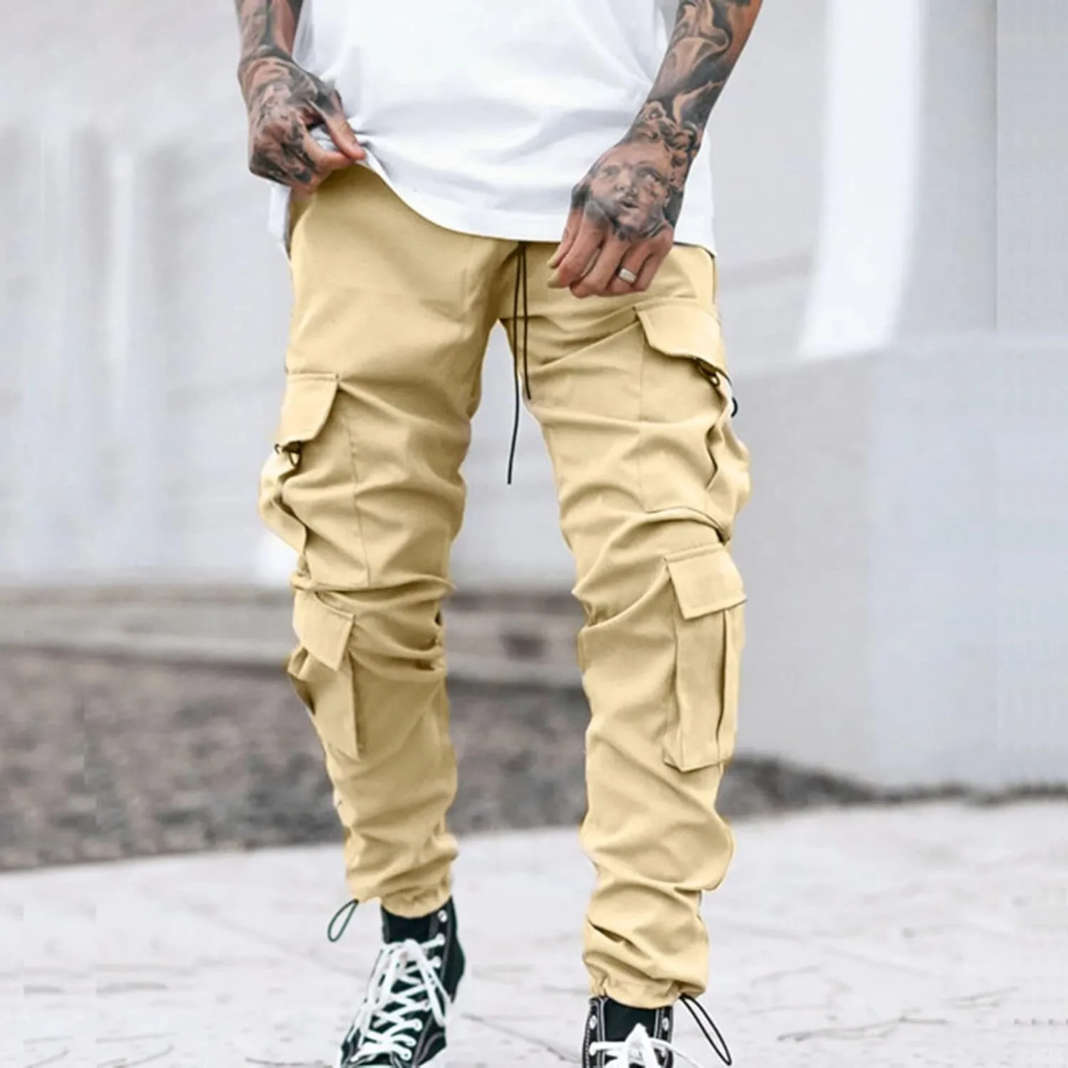 Cargo Pants for Men Big and Tall Striped Cargo Pants for Men Straight Elastic Waist Trousers Work Wear Combat Fitness