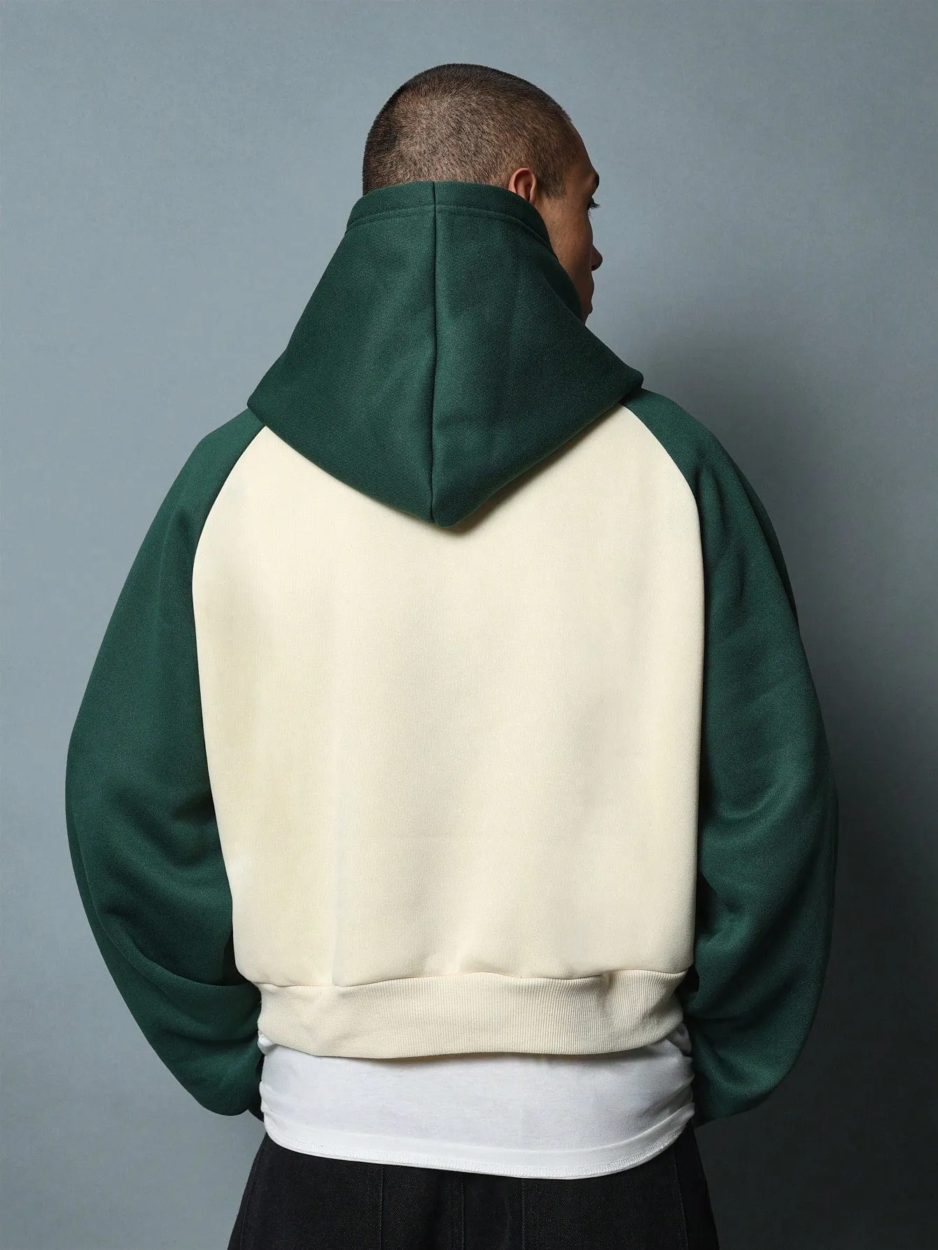 Crop Fit Colour Block Raglan Hoodie With Graphic Print