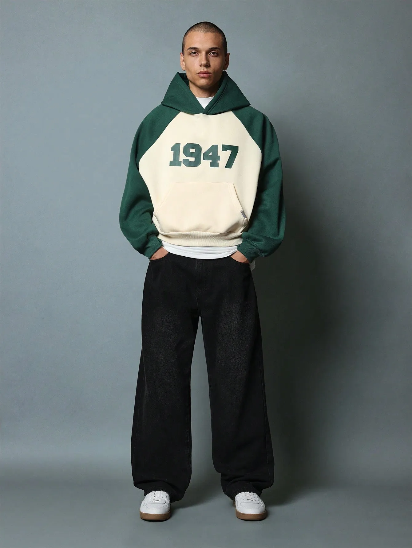 Crop Fit Colour Block Raglan Hoodie With Graphic Print