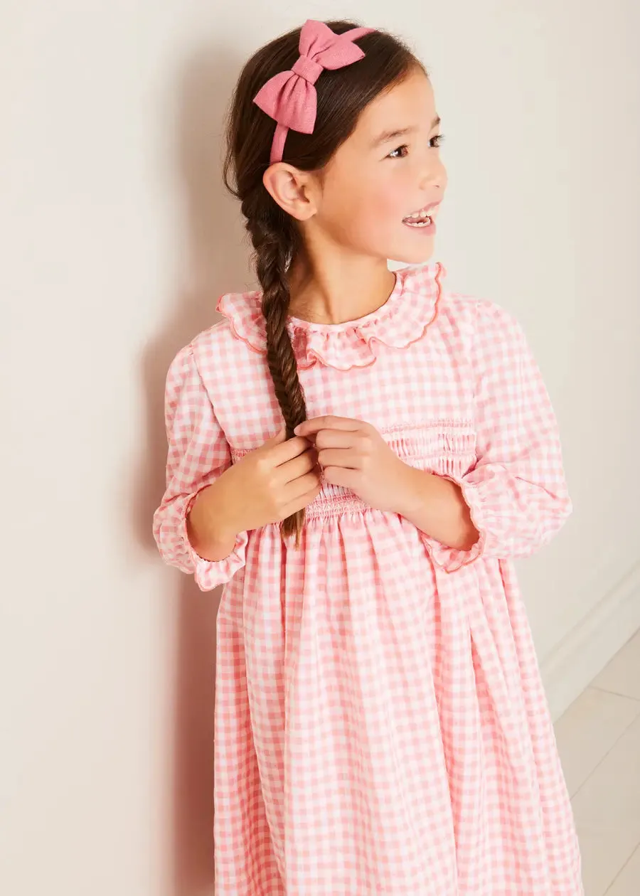 Gingham Smocked Ruffle Collar Long Sleeve Dress in Coral (12mths-10yrs)