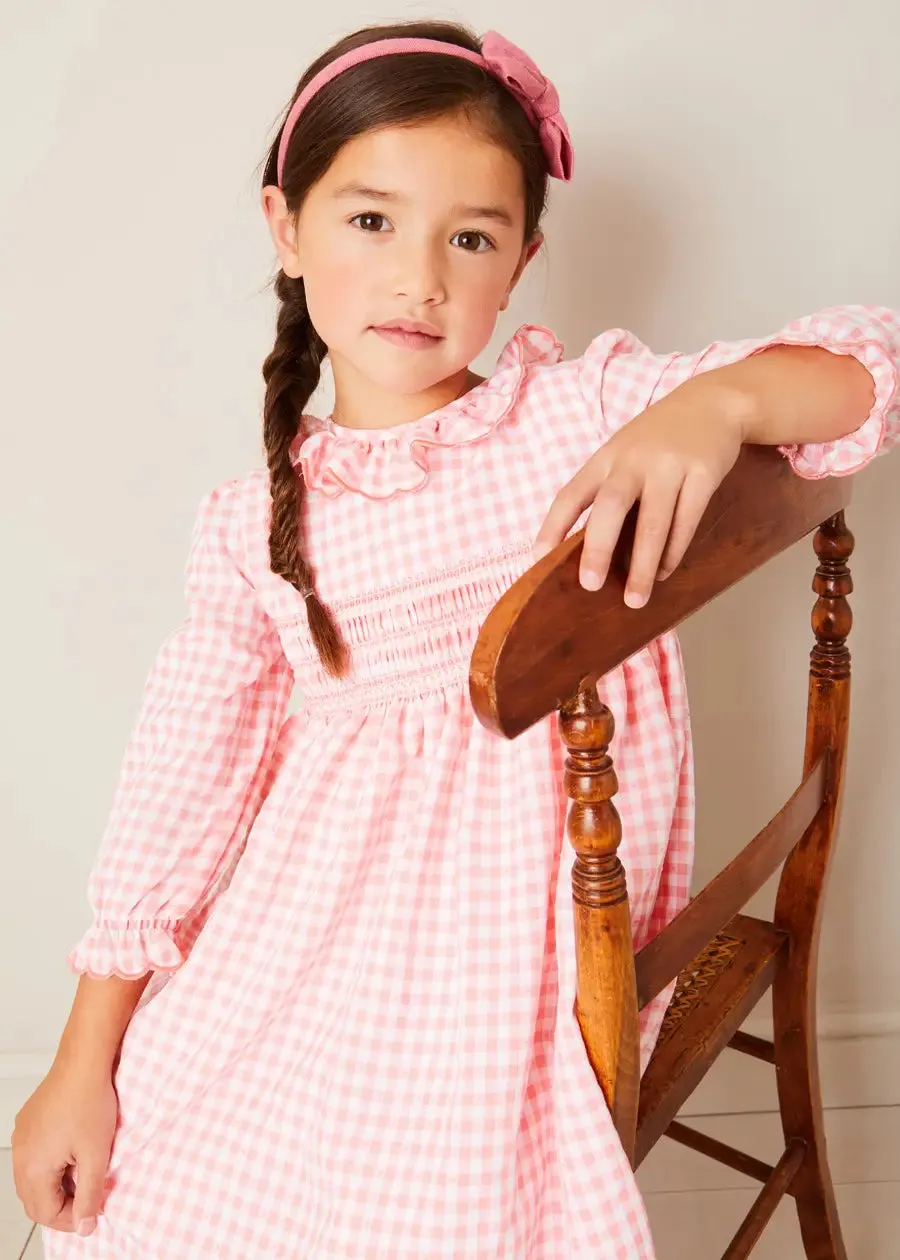 Gingham Smocked Ruffle Collar Long Sleeve Dress in Coral (12mths-10yrs)