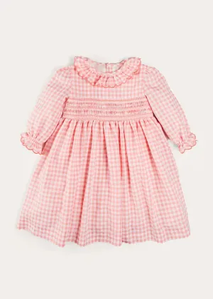 Gingham Smocked Ruffle Collar Long Sleeve Dress in Coral (12mths-10yrs)
