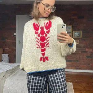 Girlary Women Y2K Vintage Aesthetic Lobster Print Color Block Round Neck Long Sleeve Sweaters Streetwear Knit Loose Pullovers