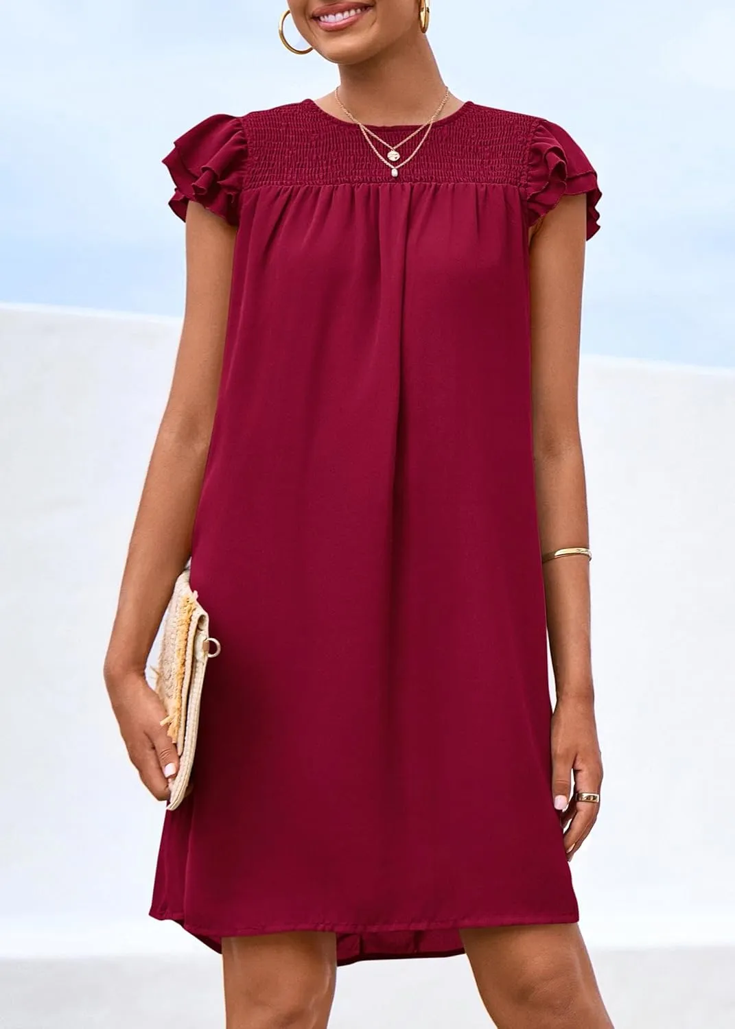 KIRUNDO Wedding Guest Shift Dresses for Women Short Spring Summer Ruffle Cap Sleeve Chiffon Babydoll Flowy Mini Sundress