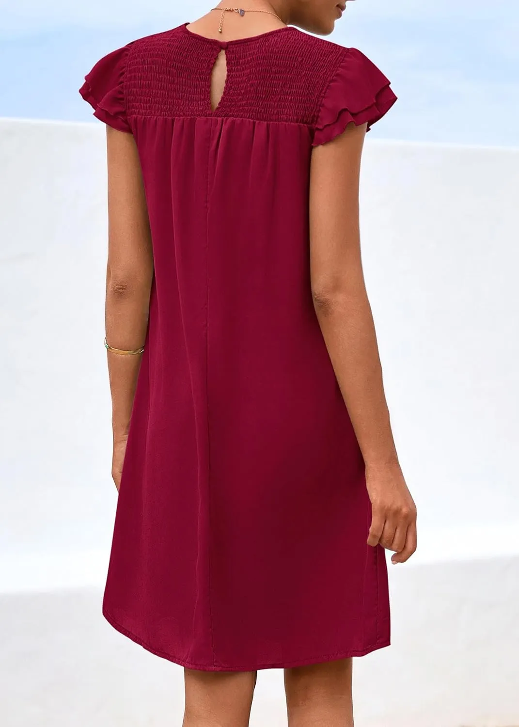 KIRUNDO Wedding Guest Shift Dresses for Women Short Spring Summer Ruffle Cap Sleeve Chiffon Babydoll Flowy Mini Sundress