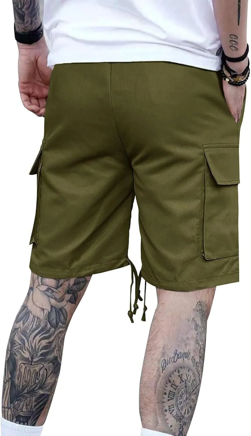 Mens Cargo Shorts 2025 Elastic Drawstring Waist Twill Summer Shorts Classic-fit Hiking Cargo Pants with 4 Pockets