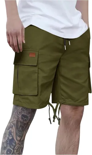 Mens Cargo Shorts 2025 Elastic Drawstring Waist Twill Summer Shorts Classic-fit Hiking Cargo Pants with 4 Pockets