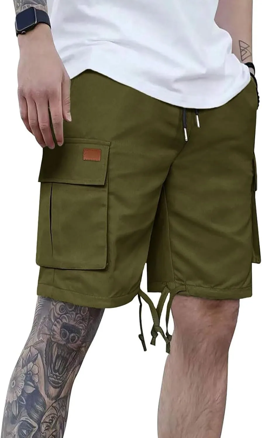 Mens Cargo Shorts 2025 Elastic Drawstring Waist Twill Summer Shorts Classic-fit Hiking Cargo Pants with 4 Pockets