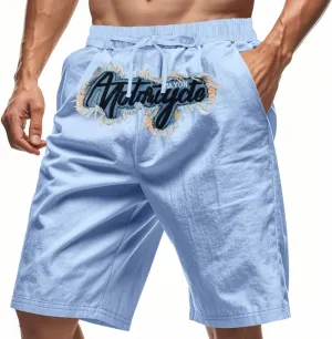 Mens Linen Shorts Flat Front Casual Elastic Waist Drawstring Summer Beach Shorts with Pocket