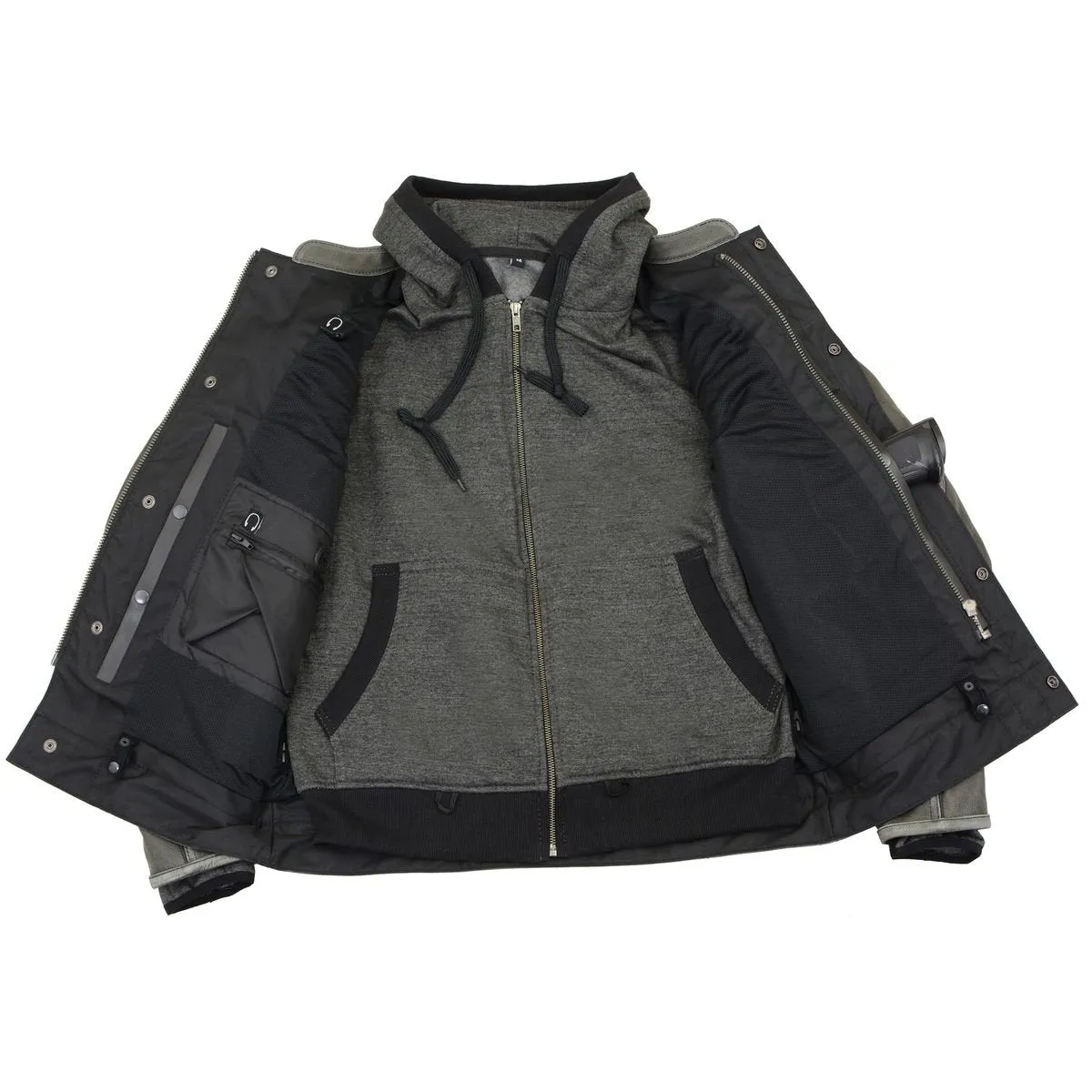 Milwaukee Leather MLM1539 Men's Distressed Grey Leather Utility Pocket Vented Jacket with Removable Hoodie