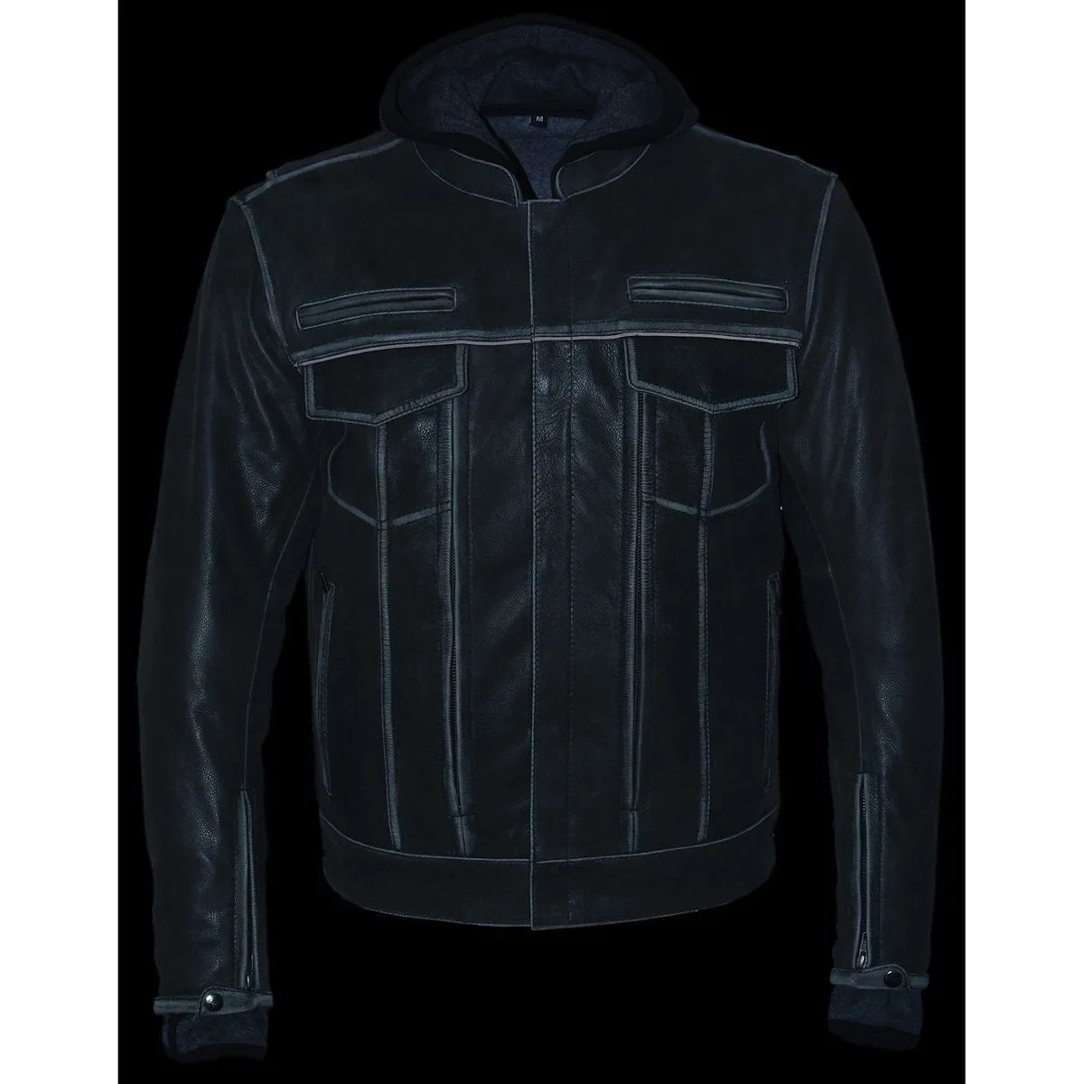 Milwaukee Leather MLM1539 Men's Distressed Grey Leather Utility Pocket Vented Jacket with Removable Hoodie