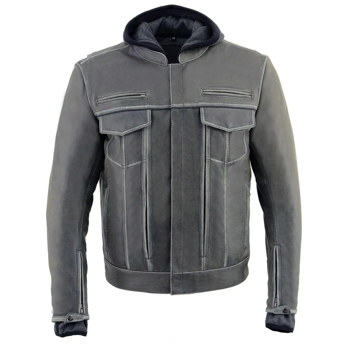 Milwaukee Leather MLM1539 Men's Distressed Grey Leather Utility Pocket Vented Jacket with Removable Hoodie