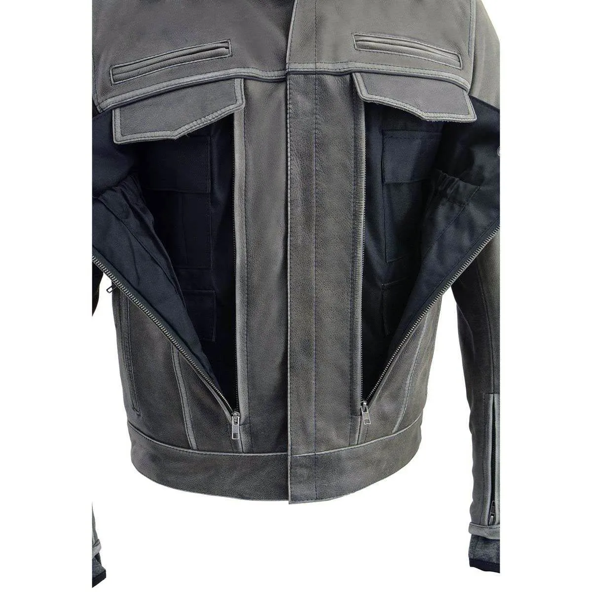 Milwaukee Leather MLM1539 Men's Distressed Grey Leather Utility Pocket Vented Jacket with Removable Hoodie
