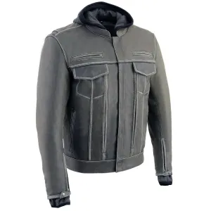 Milwaukee Leather MLM1539 Men's Distressed Grey Leather Utility Pocket Vented Jacket with Removable Hoodie
