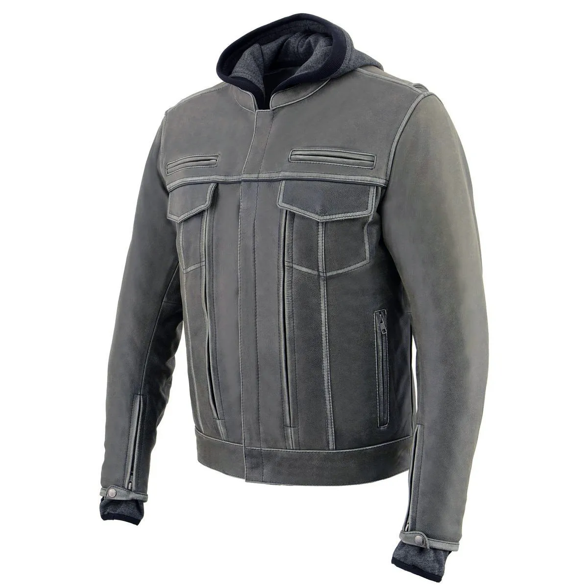 Milwaukee Leather MLM1539 Men's Distressed Grey Leather Utility Pocket Vented Jacket with Removable Hoodie