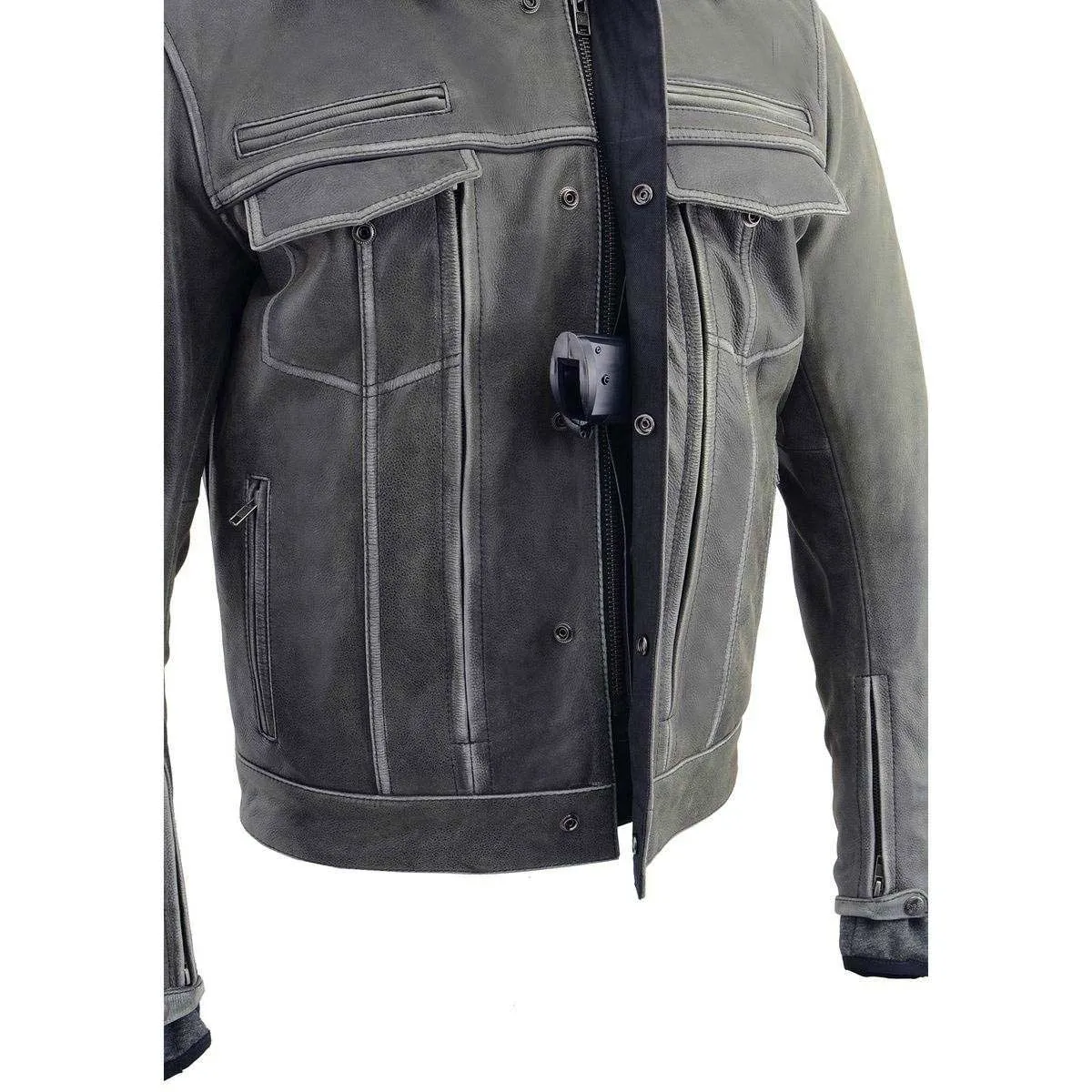 Milwaukee Leather MLM1539 Men's Distressed Grey Leather Utility Pocket Vented Jacket with Removable Hoodie