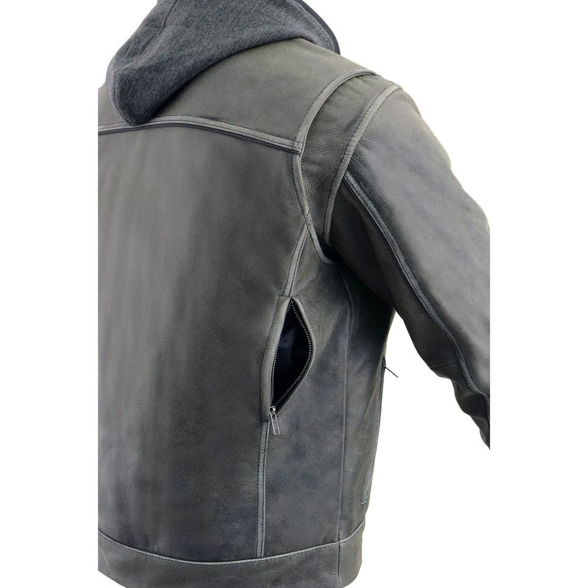 Milwaukee Leather MLM1539 Men's Distressed Grey Leather Utility Pocket Vented Jacket with Removable Hoodie