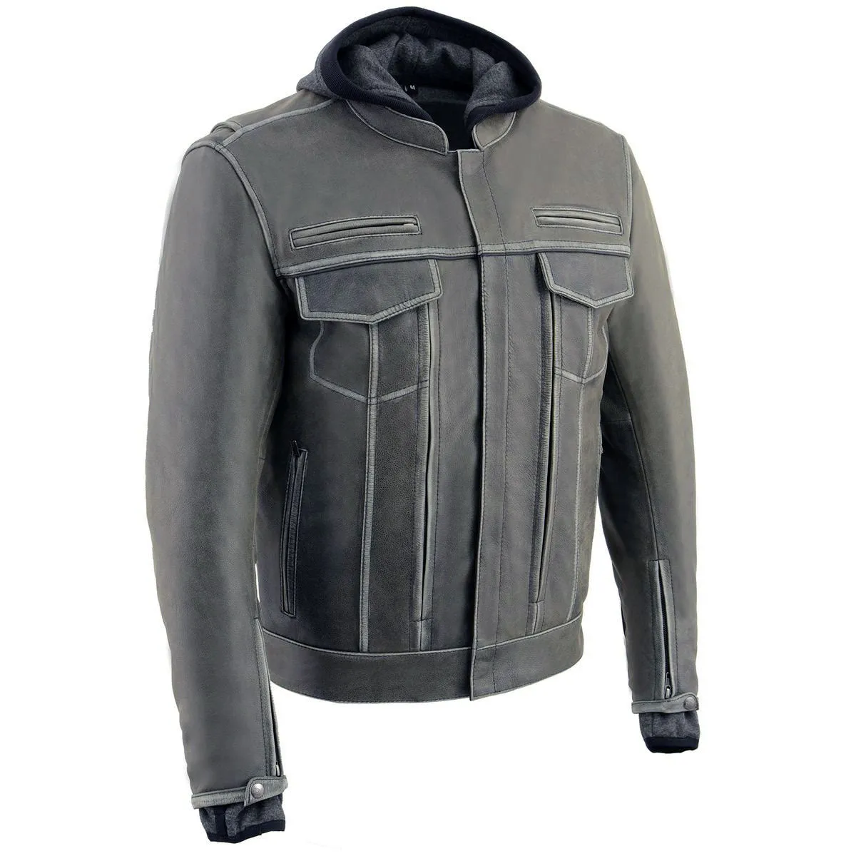 Milwaukee Leather MLM1539 Men's Distressed Grey Leather Utility Pocket Vented Jacket with Removable Hoodie