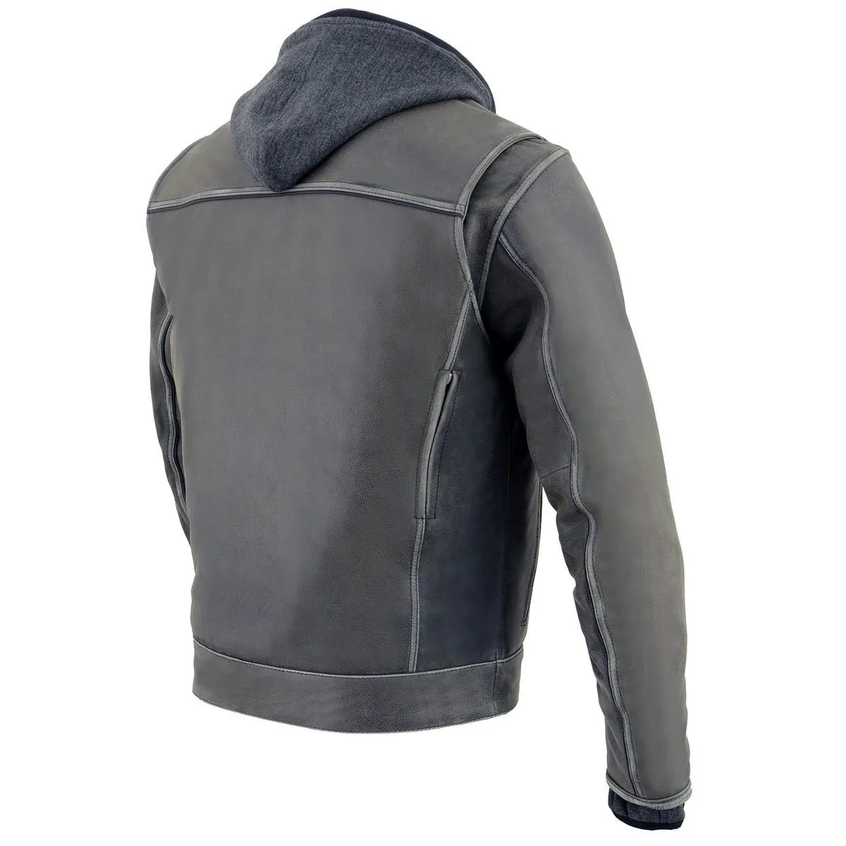 Milwaukee Leather MLM1539 Men's Distressed Grey Leather Utility Pocket Vented Jacket with Removable Hoodie