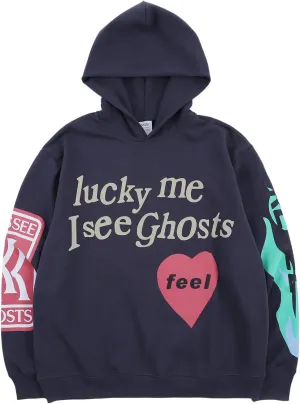 NAGRI Lucky Me I See Ghosts Hoodie Men's Graphic Hip Hop Pullover Heavyweight Hooded Sweatshirt Grey