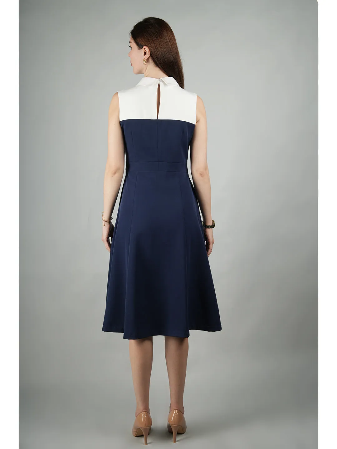 Navy Blue Blended Fabric Bronzed Color Block Dress