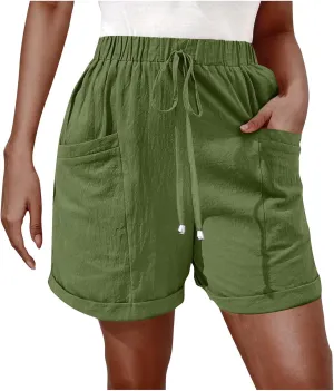 Shorts for Women Summer Drawstring Elastic High Waisted Wide Leg Casual Loose Cuffed Hem Work Shorts with Pockets