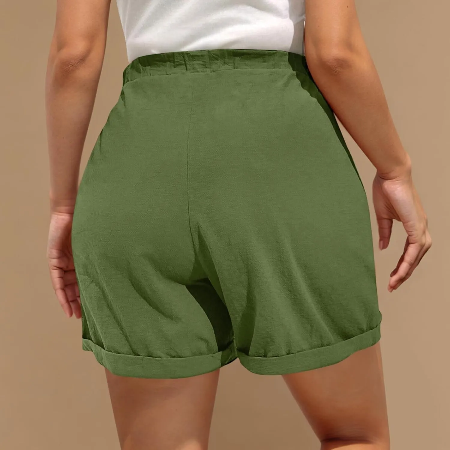 Shorts for Women Summer Drawstring Elastic High Waisted Wide Leg Casual Loose Cuffed Hem Work Shorts with Pockets