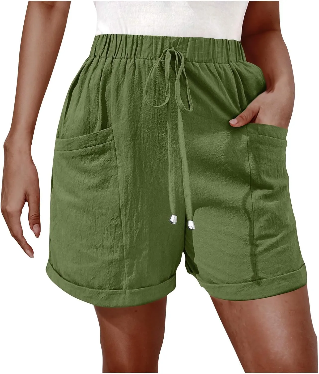 Shorts for Women Summer Drawstring Elastic High Waisted Wide Leg Casual Loose Cuffed Hem Work Shorts with Pockets