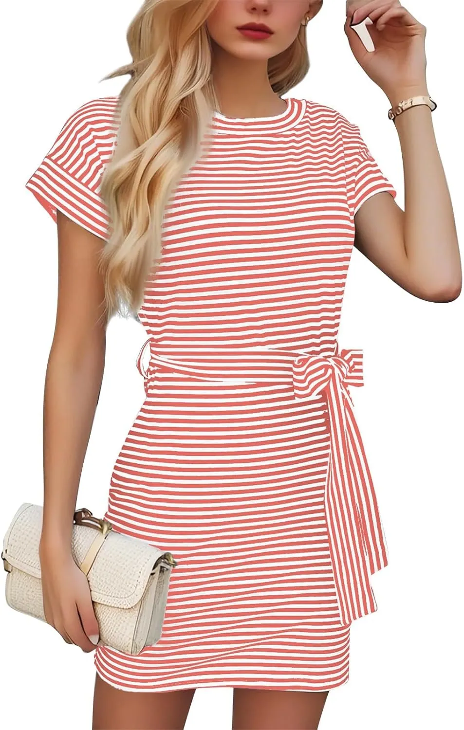 Striped T Shirt Dresses for Women 2025 Cute Casual Summer Sundress Tie Waist Crew Neck Beach Vacation Dresses