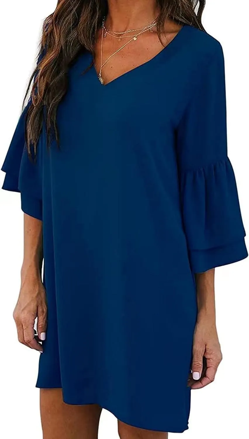 Summer Dresses for Women Casual V Neck Ruffle 3/4 Sleeve Mini Dress Elegant Baggy Solid Color Beach Shift Sundress