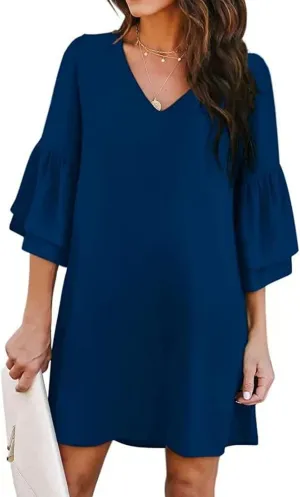 Summer Dresses for Women Casual V Neck Ruffle 3/4 Sleeve Mini Dress Elegant Baggy Solid Color Beach Shift Sundress