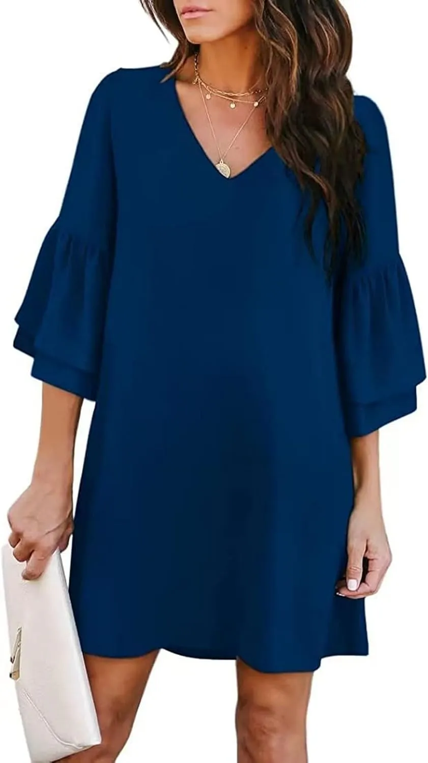 Summer Dresses for Women Casual V Neck Ruffle 3/4 Sleeve Mini Dress Elegant Baggy Solid Color Beach Shift Sundress