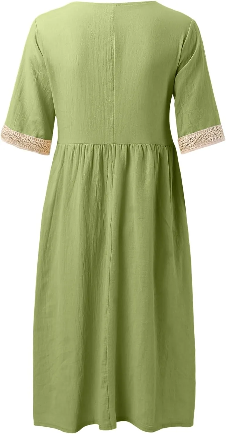 Women Solid Color Midi Dress Lace V Neck Short Sleeve Mid Length Dress Mini Loose Fit