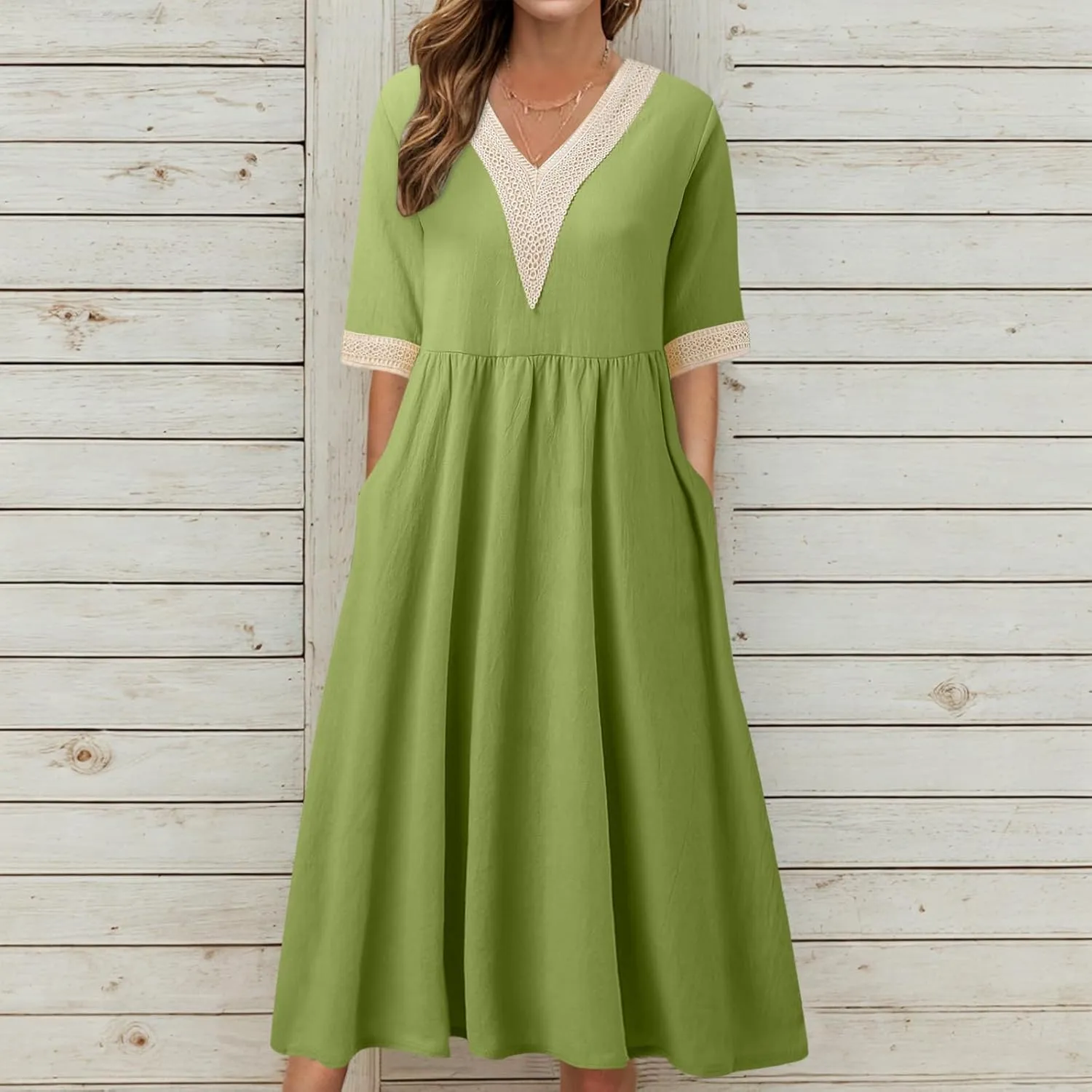 Women Solid Color Midi Dress Lace V Neck Short Sleeve Mid Length Dress Mini Loose Fit