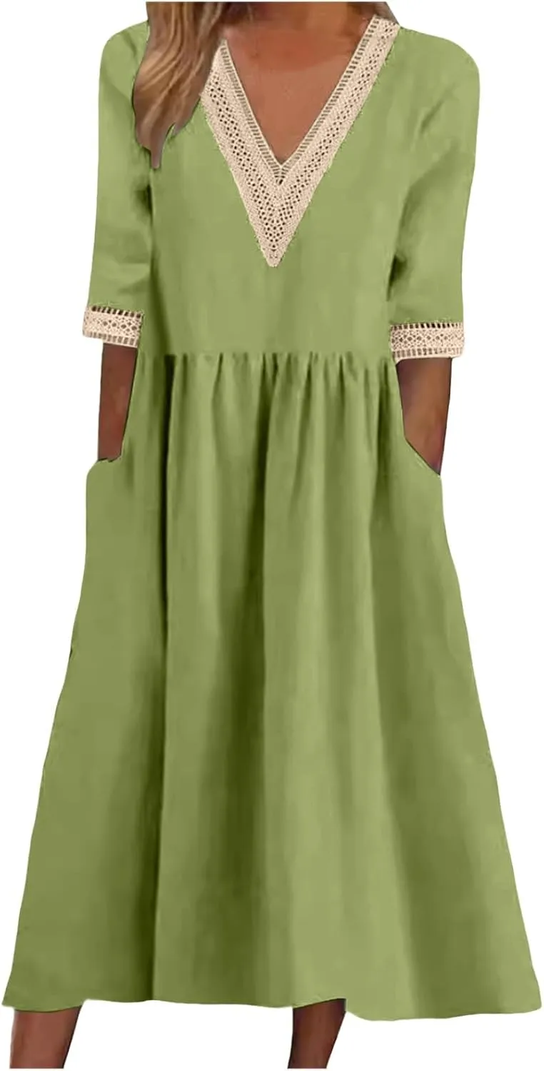 Women Solid Color Midi Dress Lace V Neck Short Sleeve Mid Length Dress Mini Loose Fit