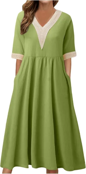 Women Solid Color Midi Dress Lace V Neck Short Sleeve Mid Length Dress Mini Loose Fit