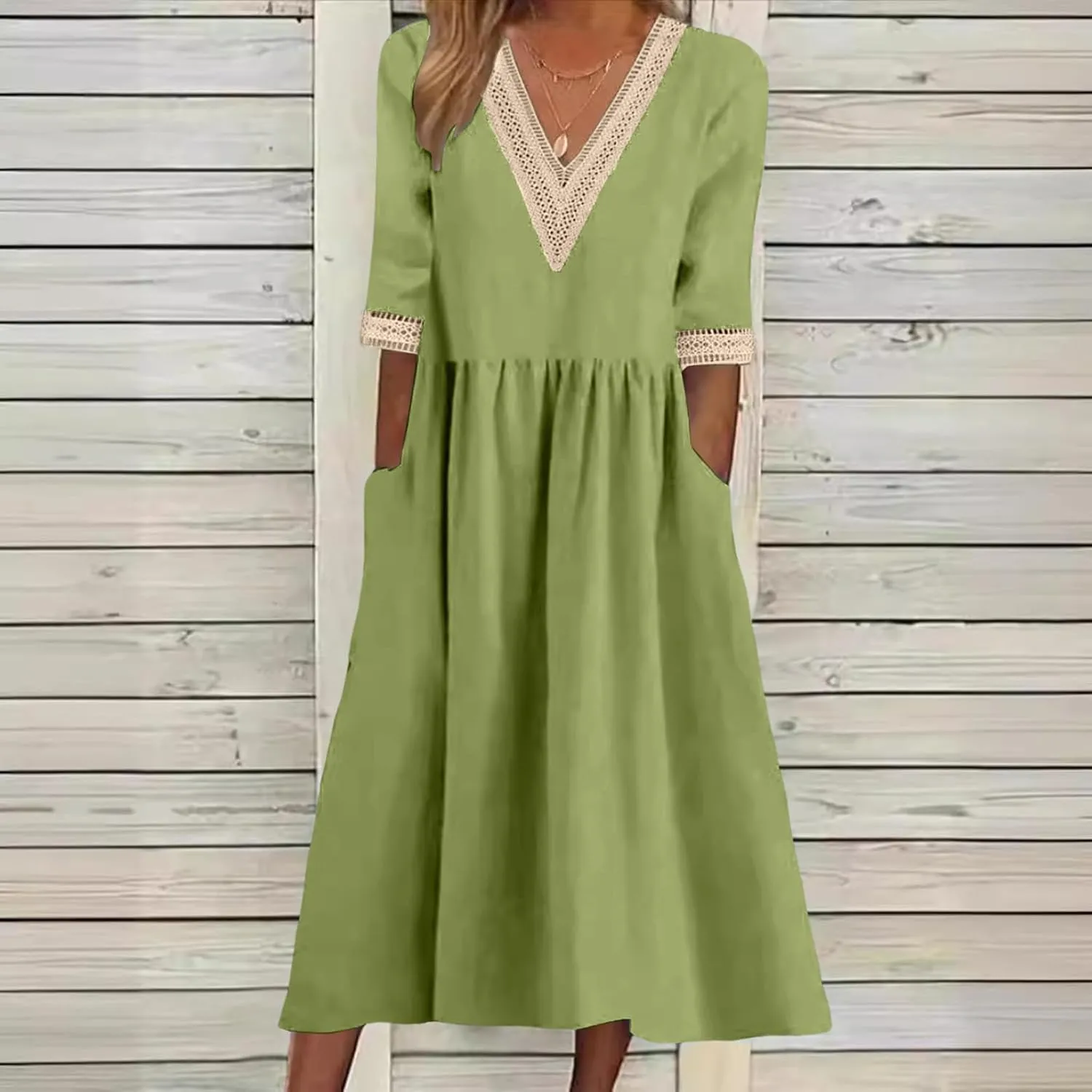 Women Solid Color Midi Dress Lace V Neck Short Sleeve Mid Length Dress Mini Loose Fit