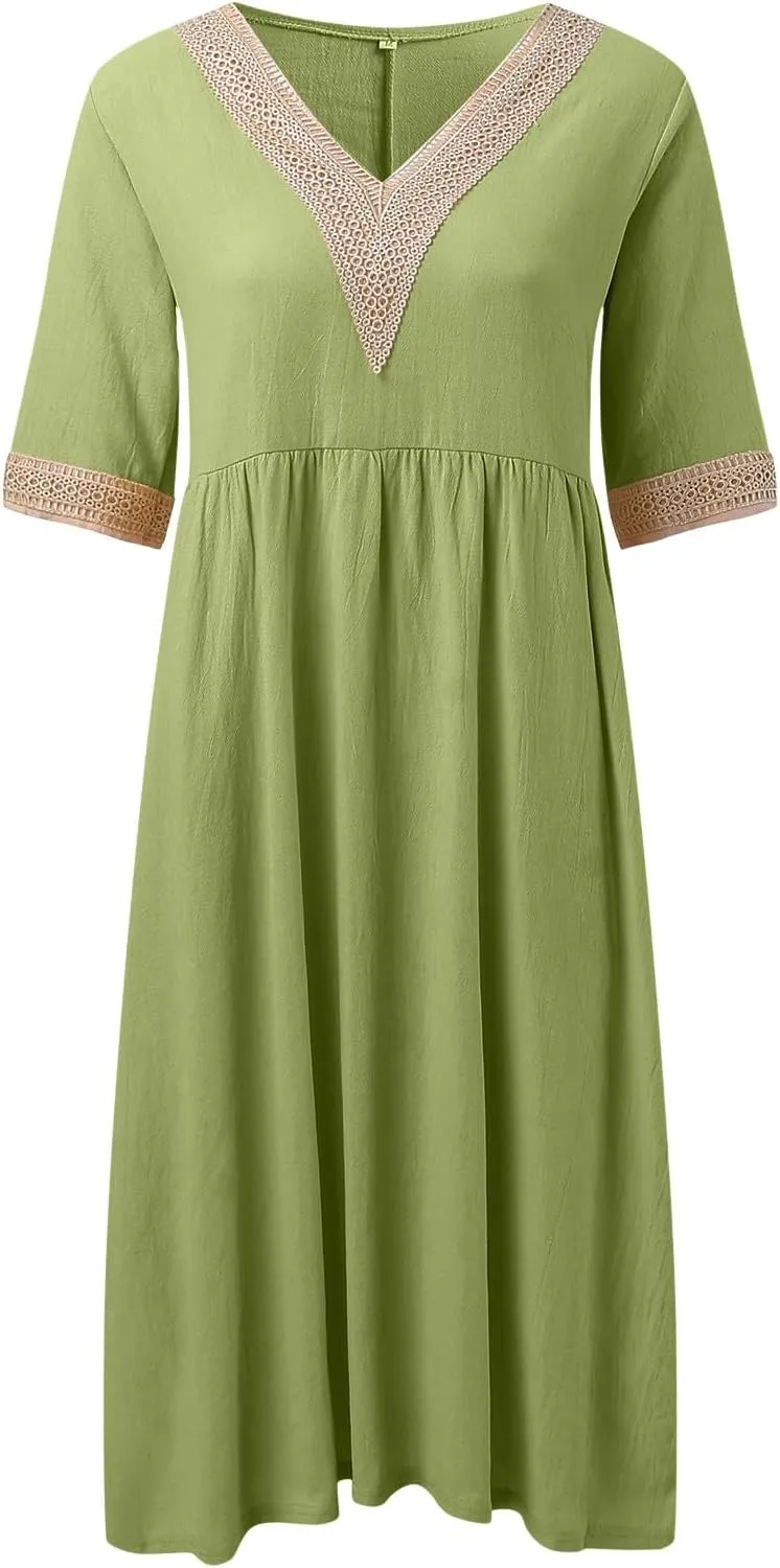 Women Solid Color Midi Dress Lace V Neck Short Sleeve Mid Length Dress Mini Loose Fit