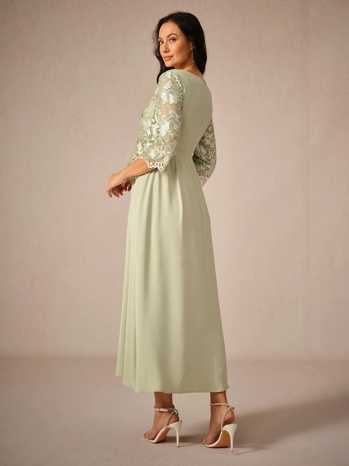 Womens Maxi Dress  Lace Bodice  Flowing Fit  Three-Quarter Sleeve  Formal Wear