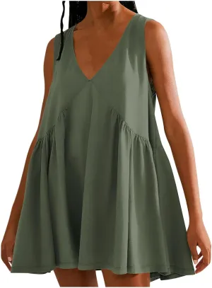 Womens Oversized Babydoll Dress Short Sleeve T Shirt Dress Summer Babydoll Ruffle Swing Casual Solid Mini Dresses