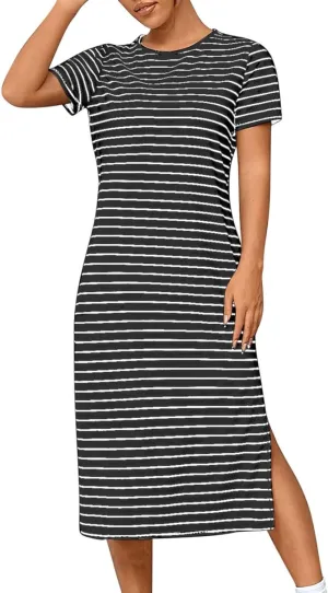 Womens Striped Summer Dress Short Sleeve T Shirt Dress Casual Midi Dresses Side Split Sundress Beach Vacation Outfits