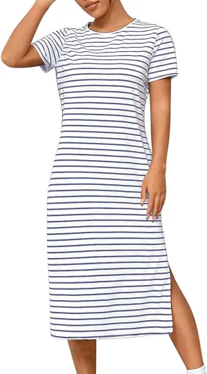 Womens Striped Summer Dress Short Sleeve T Shirt Dress Casual Midi Dresses Side Split Sundress Beach Vacation Outfits