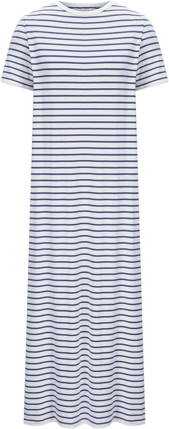 Womens Striped Summer Dress Short Sleeve T Shirt Dress Casual Midi Dresses Side Split Sundress Beach Vacation Outfits