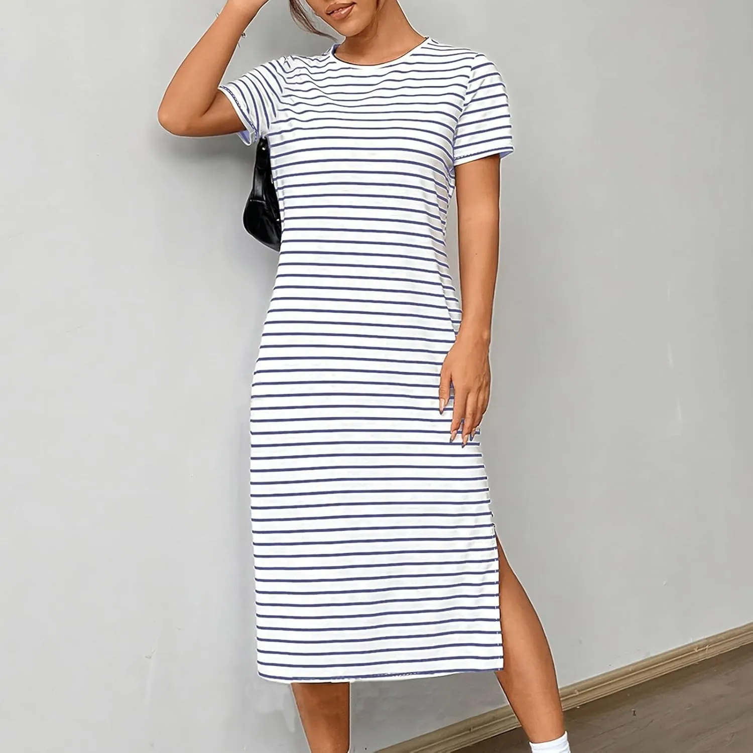 Womens Striped Summer Dress Short Sleeve T Shirt Dress Casual Midi Dresses Side Split Sundress Beach Vacation Outfits
