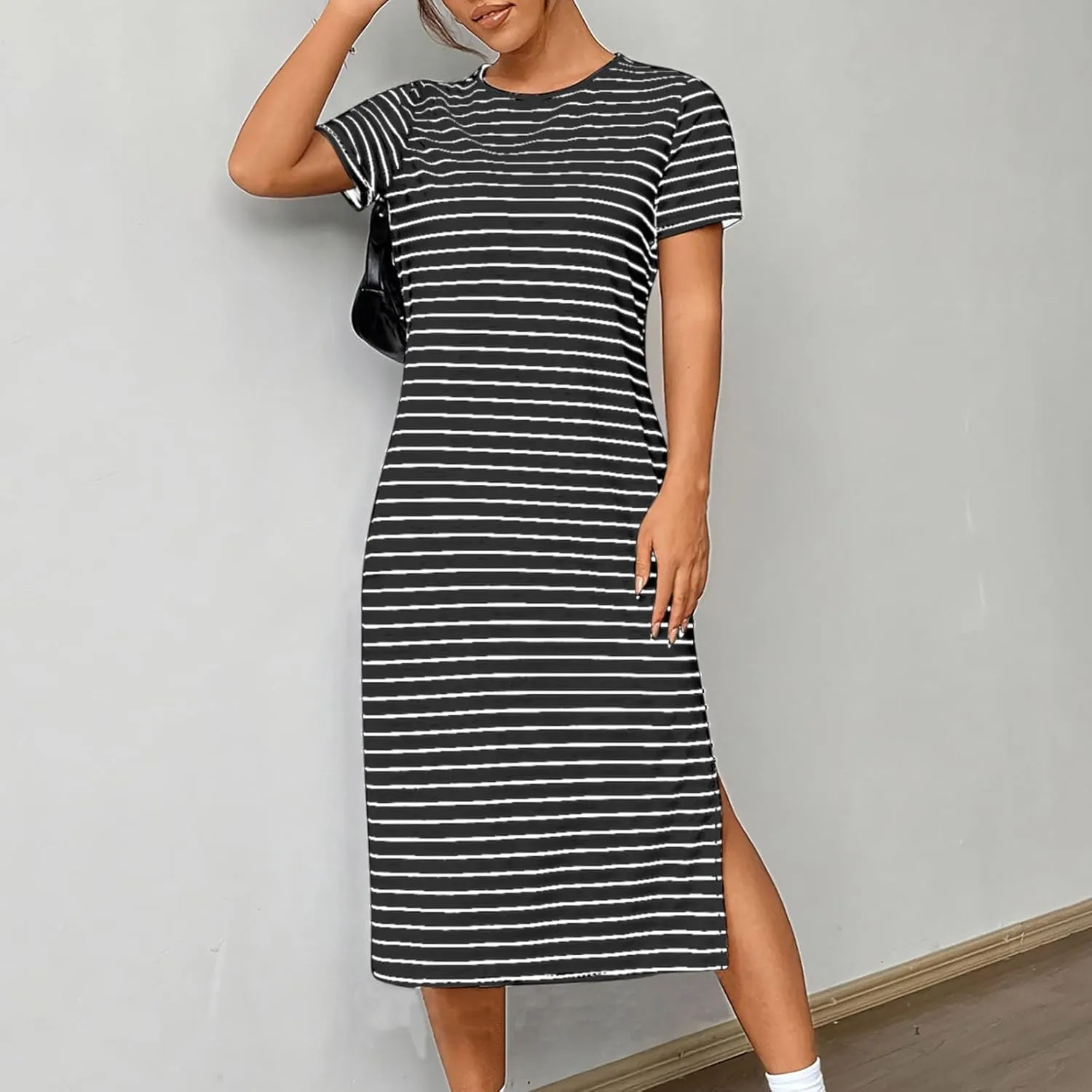 Womens Striped Summer Dress Short Sleeve T Shirt Dress Casual Midi Dresses Side Split Sundress Beach Vacation Outfits