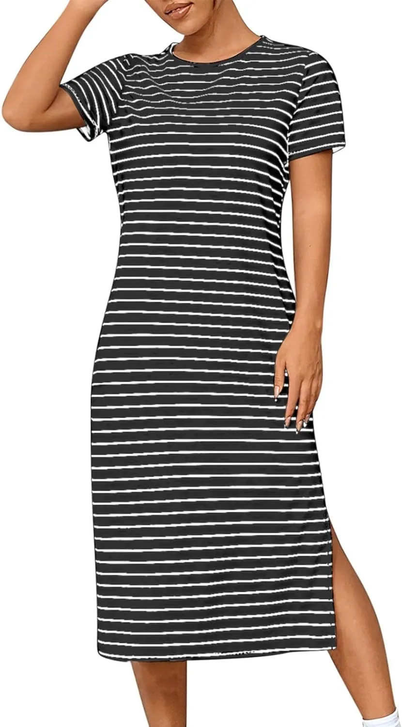 Womens Striped Summer Dress Short Sleeve T Shirt Dress Casual Midi Dresses Side Split Sundress Beach Vacation Outfits