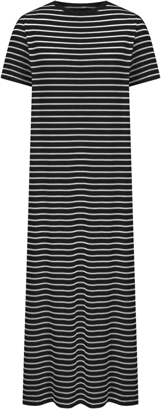 Womens Striped Summer Dress Short Sleeve T Shirt Dress Casual Midi Dresses Side Split Sundress Beach Vacation Outfits
