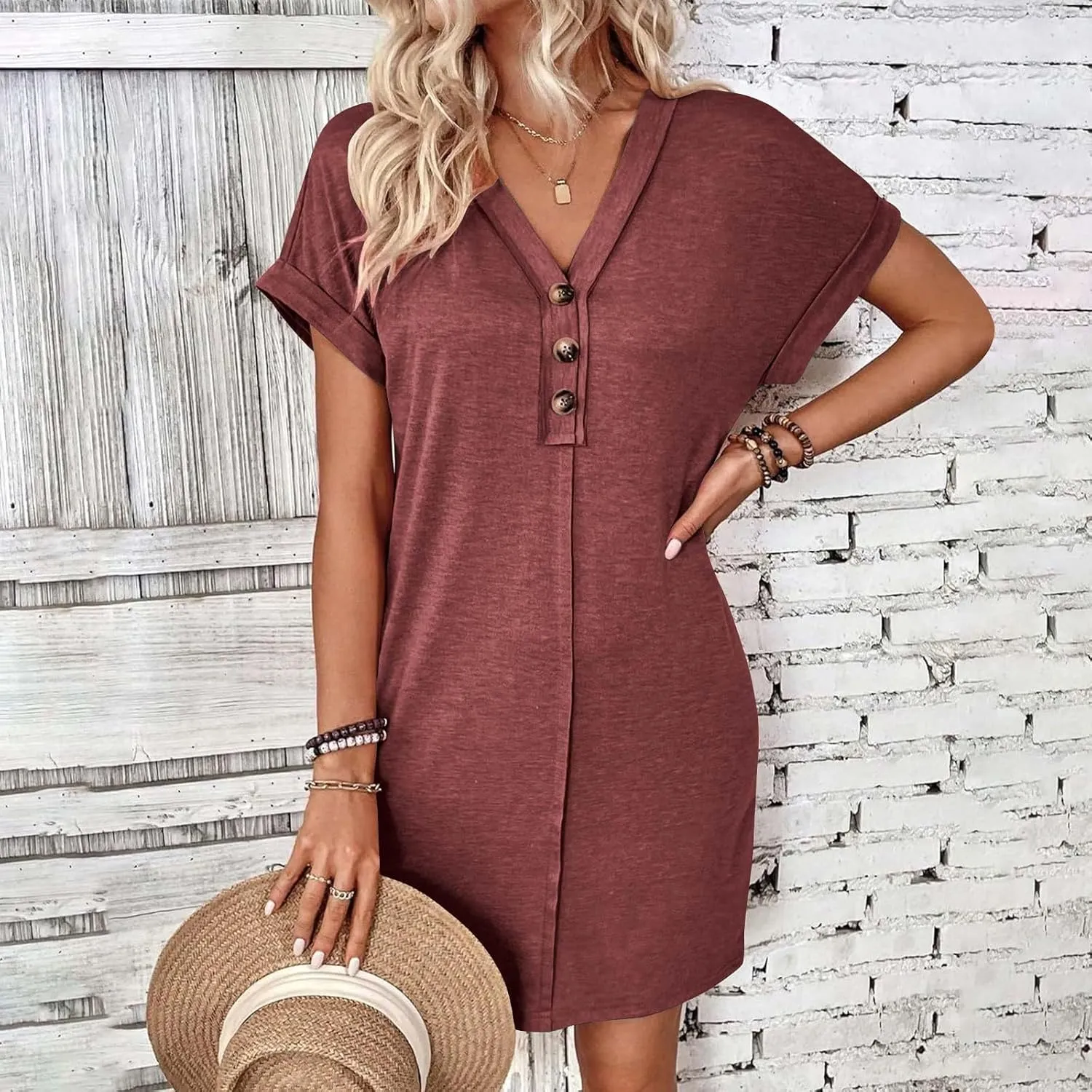 Womens Summer Tshirt Dress Short Sleeve Loose Fit Casual V Neck Shift Tunic Dress Beach Travel Vacation Sundress