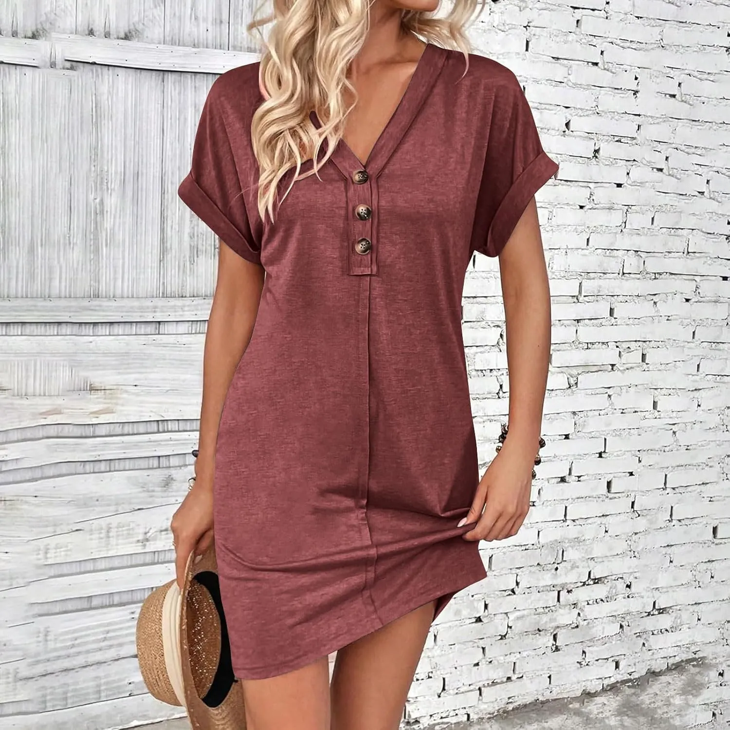 Womens Summer Tshirt Dress Short Sleeve Loose Fit Casual V Neck Shift Tunic Dress Beach Travel Vacation Sundress